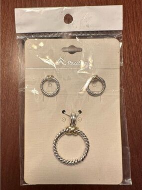 Two-Tone Rope Circle Earrings and Pendant Set - Silver with Gold Accent